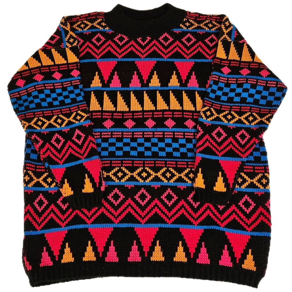 Black Multicolor Geometric Knit Sweater - Men